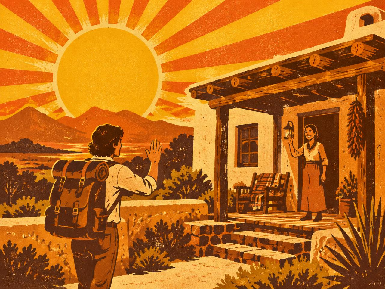 Retro illustration of a backpacker waving to a host on the porch of an adobe guest house at sunset